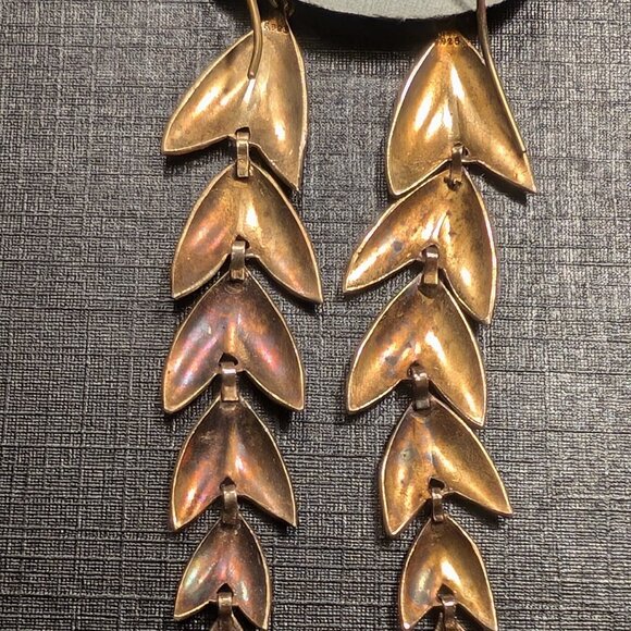 Dangle Leaf Earrings purple Enamel Sterling Silver Vermeil Gold Plate Estate Vtg - Picture 6 of 7